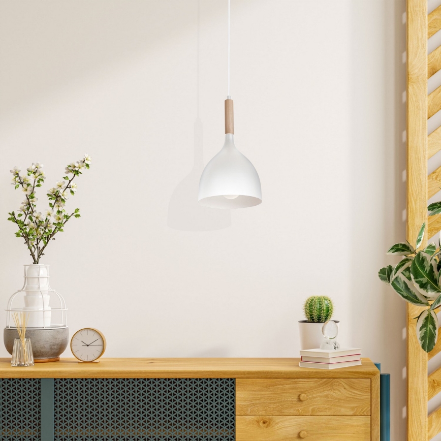 Candeeiro suspenso NOAK WOOD 1xE27/15W/230V branco/faia