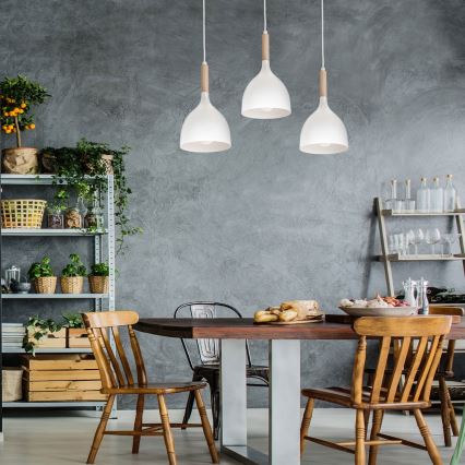 Candeeiro suspenso NOAK WOOD 3xE27/15W/230V branco/faia