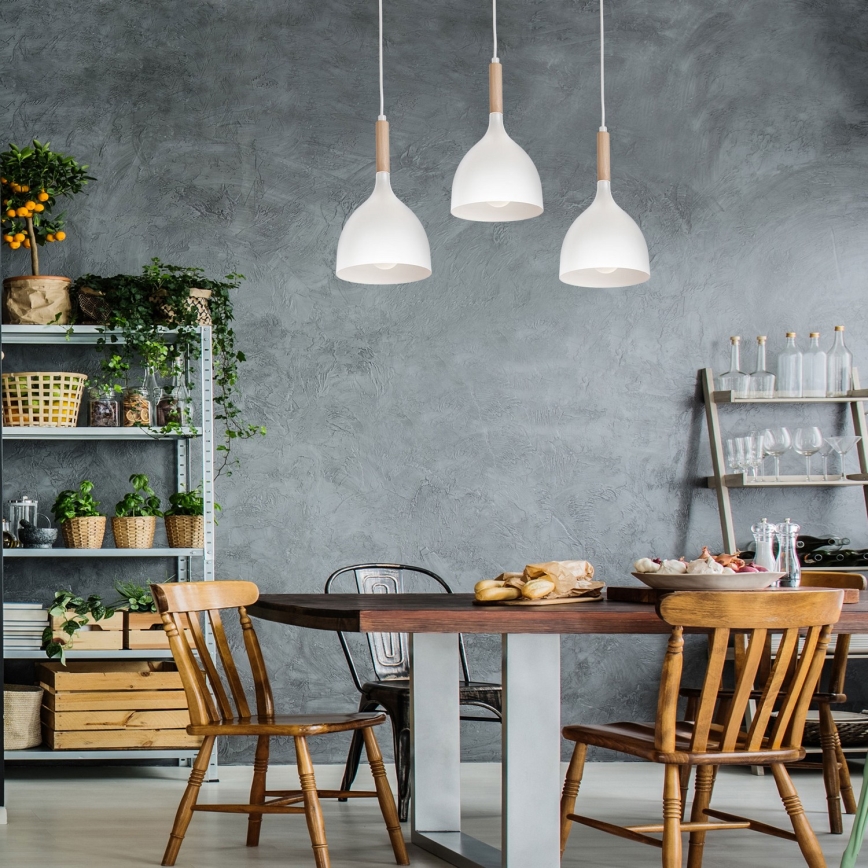 Candeeiro suspenso NOAK WOOD 3xE27/15W/230V branco/faia