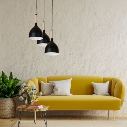 Candeeiro suspenso NOAK WOOD 3xE27/15W/230V preto/faia