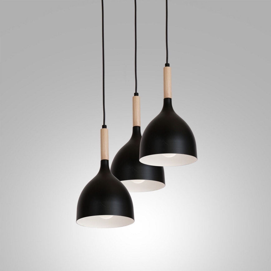Candeeiro suspenso NOAK WOOD 3xE27/15W/230V preto/faia