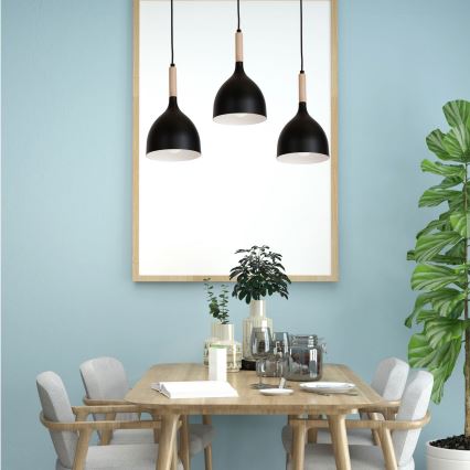 Candeeiro suspenso NOAK WOOD 3xE27/15W/230V preto/faia