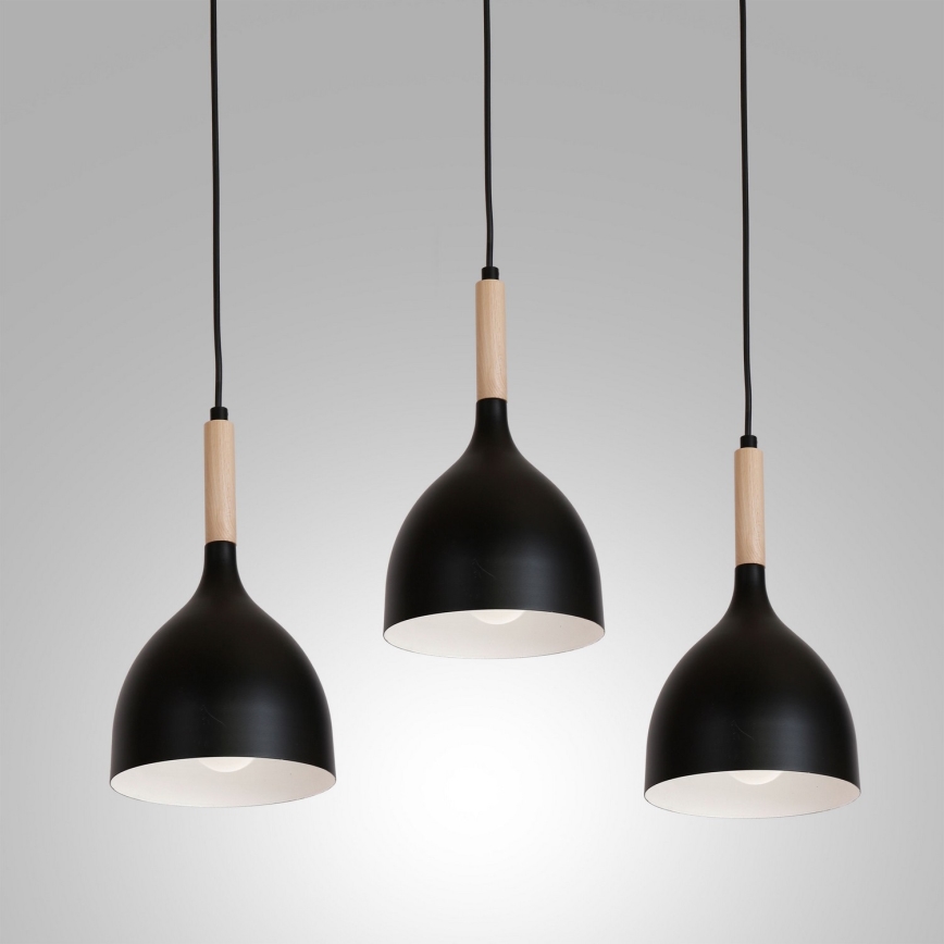Candeeiro suspenso NOAK WOOD 3xE27/15W/230V preto/faia