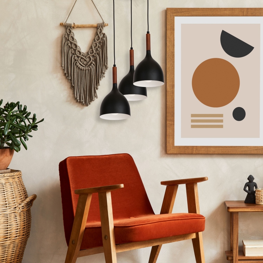 Candeeiro suspenso NOAK WOOD 3xE27/15W/230V preto/faia