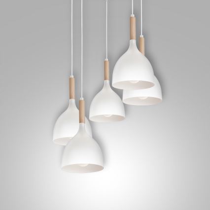 Candeeiro suspenso NOAK WOOD 5xE27/15W/230V branco/faia
