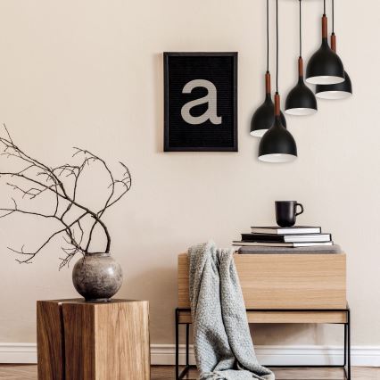 Candeeiro suspenso NOAK WOOD 5xE27/15W/230V preto/faia
