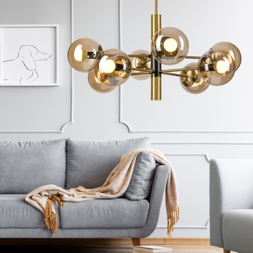 Candeeiro suspenso ROLLO 8xE14/5W/230V dourado/fumado bege