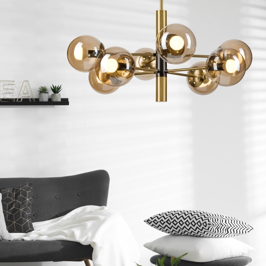 Candeeiro suspenso ROLLO 8xE14/5W/230V dourado/fumado bege