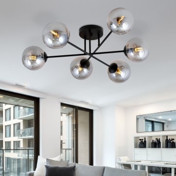 Candeeiro suspenso ROMA 6xE14/10W/230V preto/fumado
