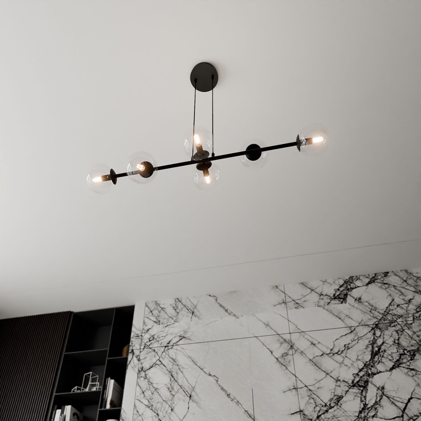 Candeeiro suspenso ROSSI 6xE14/10W/230V preto/transparente