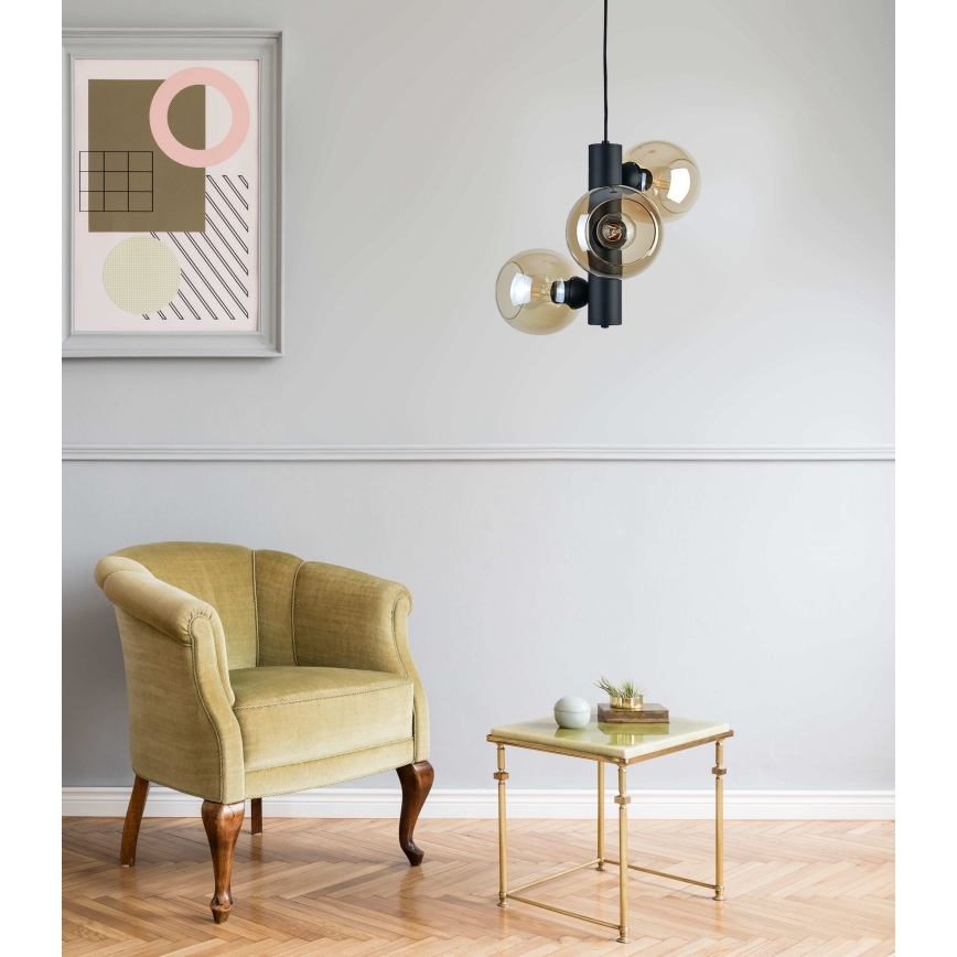 Candeeiro suspenso TUBE 3xE27/60W/230V preto/fumado bege