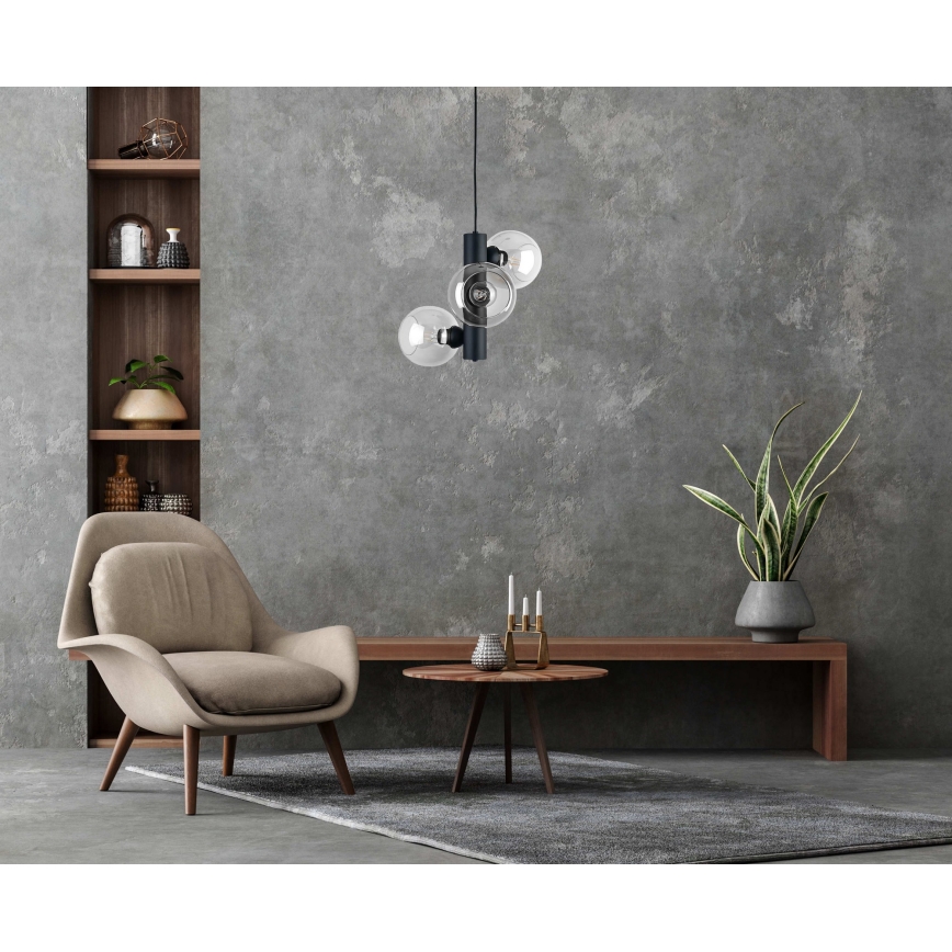 Candeeiro suspenso TUBE 3xE27/60W/230V preto/transparente