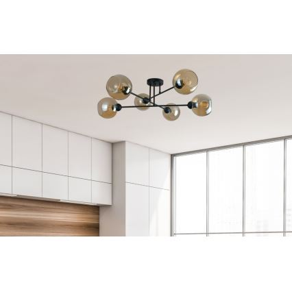 Candeeiro suspenso VASCO 6xE27/60W/230V preto/fumado bege