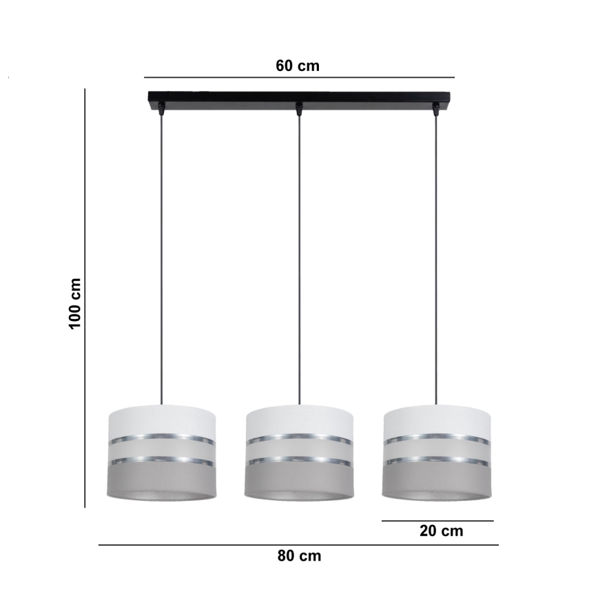 Candelabro suspenso CORAL 3xE27/60W/230V branco/cinzento