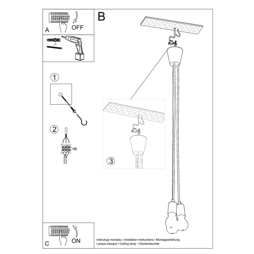 Candelabro suspenso DIEGO 3xE27/60W/230V cinzento