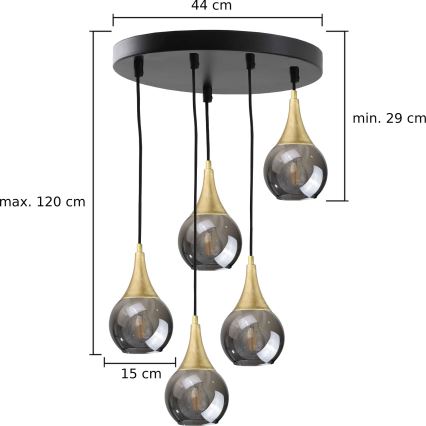 Candelabro suspenso LACRIMA SMOKY 5xE27/60W/230V diâmetro 45 cm