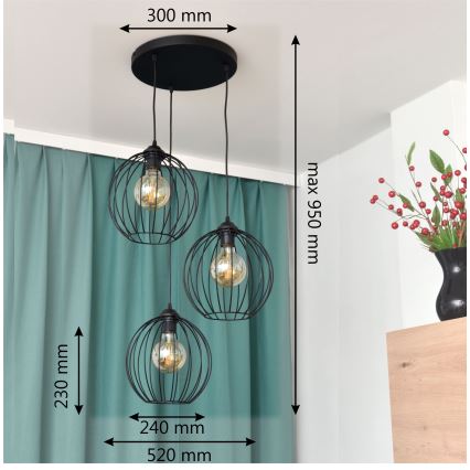 Candelabro suspenso LED MERCURE 3xE27/15W/230V ø 50 cm preto