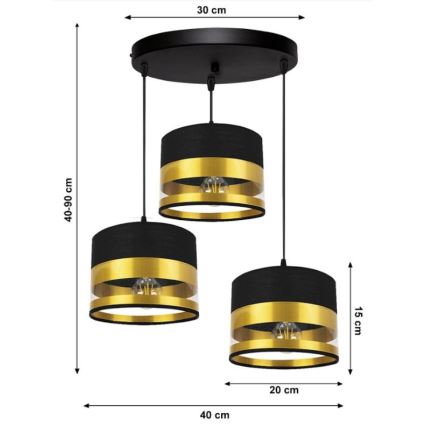 Candelabro suspenso MILO 3xE27/60W/230V dourado/preto