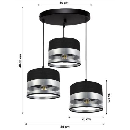 Candelabro suspenso MILO 3xE27/60W/230V prateado/preto