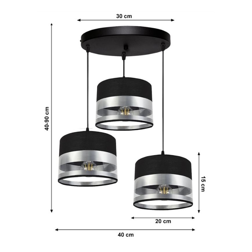 Candelabro suspenso MILO 3xE27/60W/230V prateado/preto