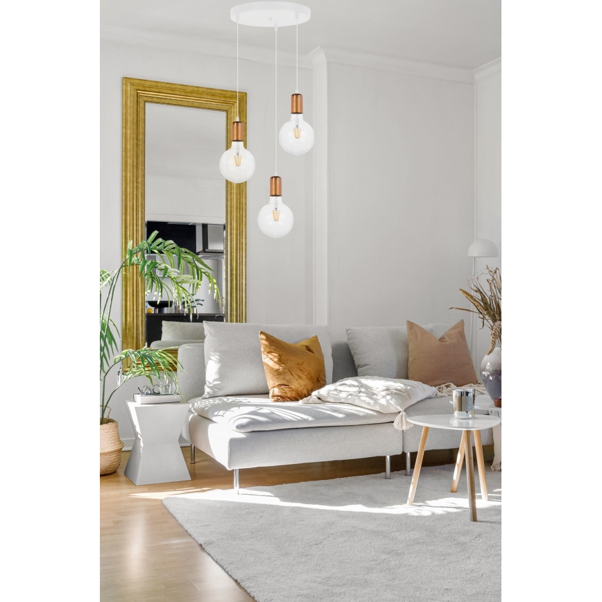 Candelabro suspenso MIROS 3xE27/60W/230V redondo branco/cobre