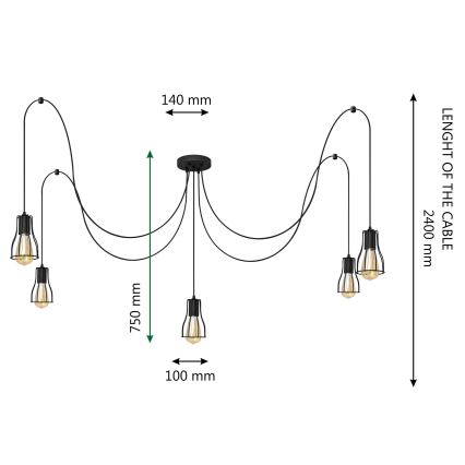 Candelabro suspenso TUBE LONG 5xE27/10W/230V preto