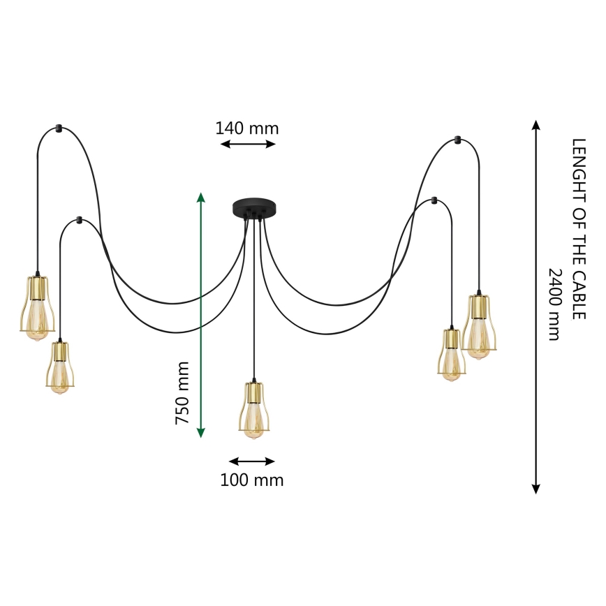 Candelabro suspenso TUBE LONG 5xE27/15W/230V preto/dourada