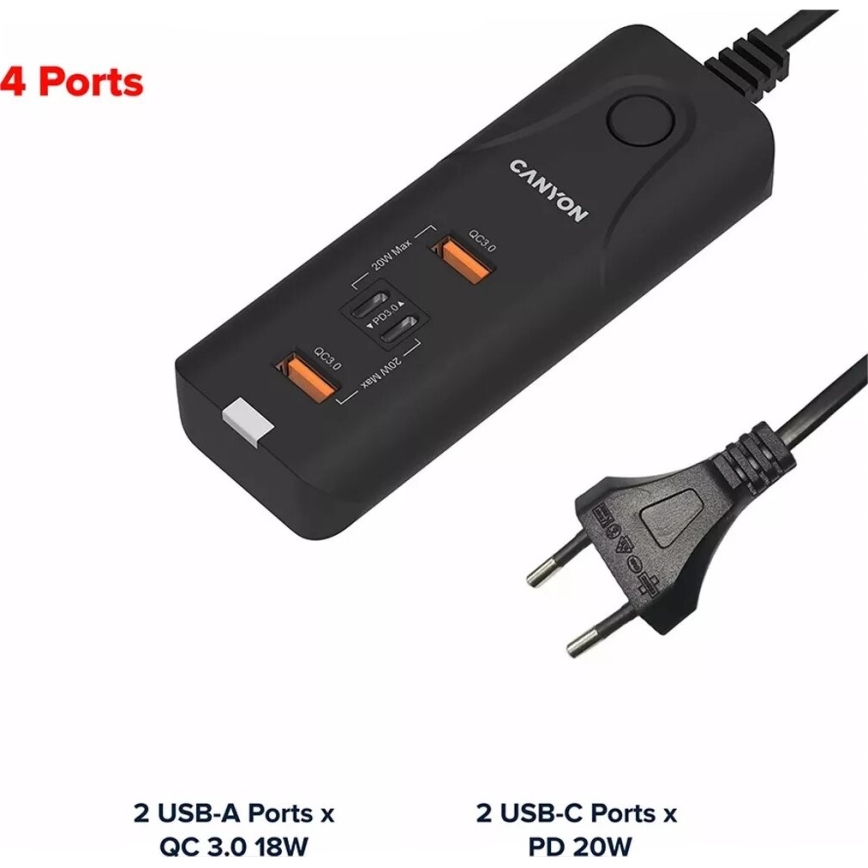 Canyon - Carregador 2xUSB A + 2xUSB C Power Delivery 20W