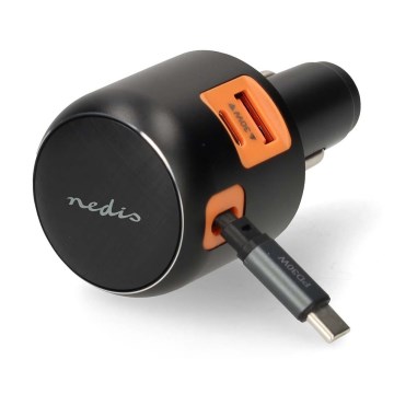 Carregador para automóvel com cabo retrátil Power Delivery 30W 2xUSB-C + 1xUSB-A