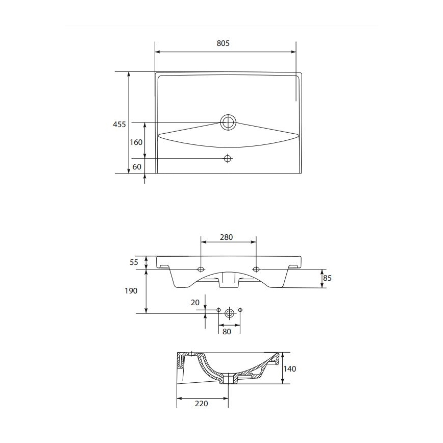 Cersanit K35-061 - Lavatório de embutir CITY 45,5x80,5 cm cerâmica/branco brilhante