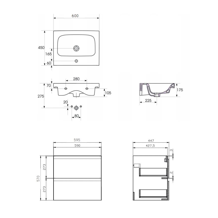 Cersanit S801-223-DSM - Móvel suspenso de casa de banho com lavatório MODUO 60x45 cm branco brilhante