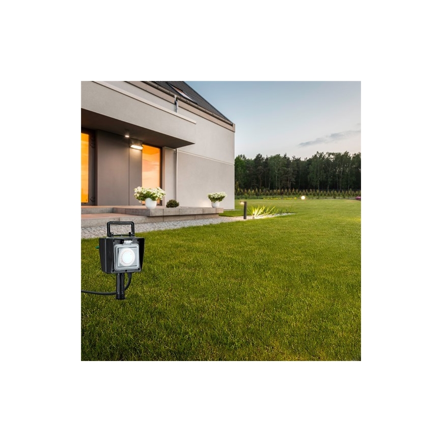 Coluna de jardim exterior com tomadas IP44 + interruptor de tempo, cabo de borracha 1,5 m