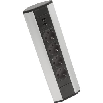Coluna de tomadas de canto 4x230V + 2xUSB-A preto/prateado