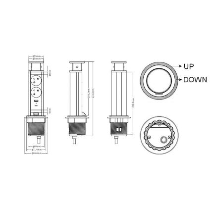 Coluna de tomadas embutível para tampo de secretária — 2x230V + USB-A + USB-C