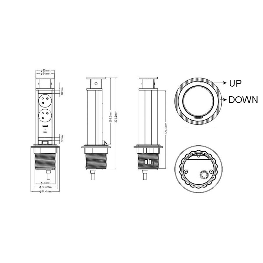Coluna de tomadas embutível para tampo de secretária — 2x230V + USB-A + USB-C