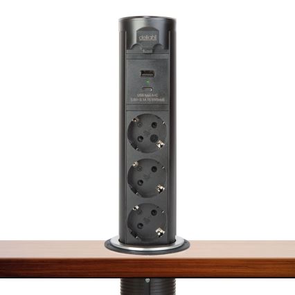 Coluna de tomadas para tampo de mesa 3x230V + USB-A + USB-C preta