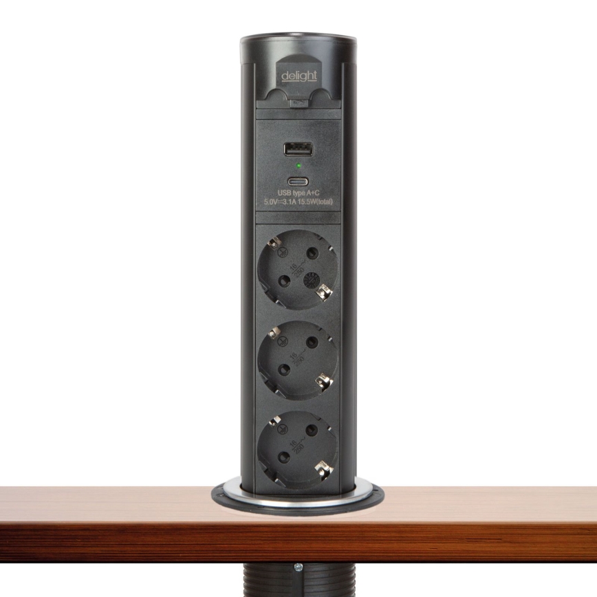 Coluna de tomadas para tampo de mesa 3x230V + USB-A + USB-C preta