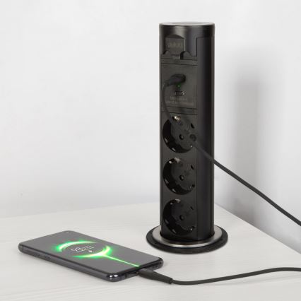 Coluna de tomadas para tampo de mesa 3x230V + USB-A + USB-C preta