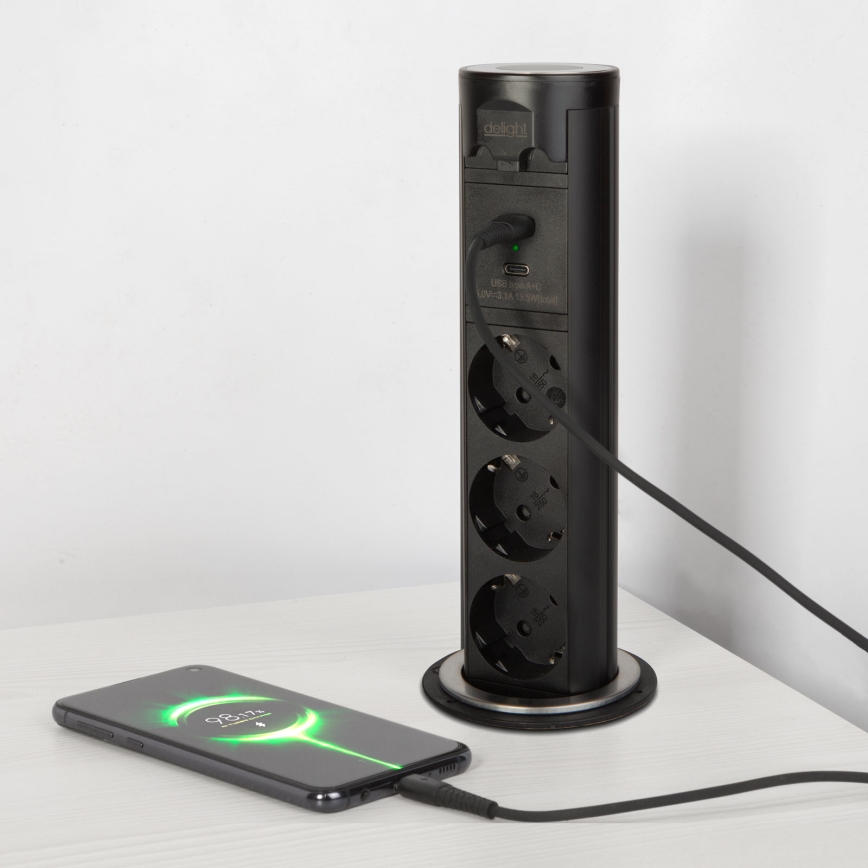 Coluna de tomadas para tampo de mesa 3x230V + USB-A + USB-C preta