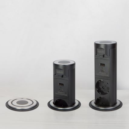 Coluna de tomadas para tampo de mesa 3x230V + USB-A + USB-C preta