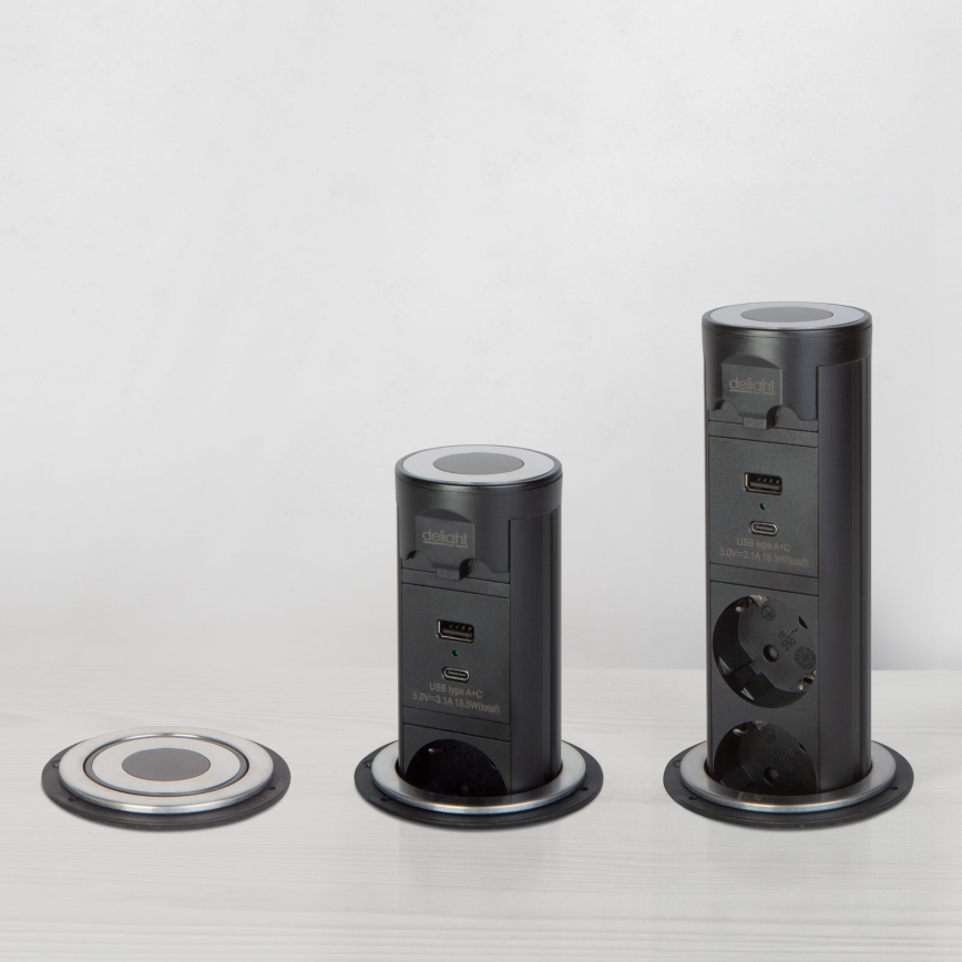 Coluna de tomadas para tampo de mesa 3x230V + USB-A + USB-C preta