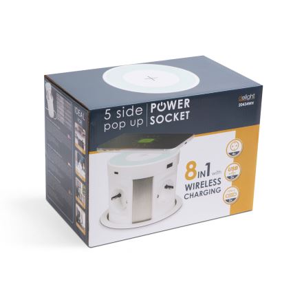 Coluna de tomadas para tampo de mesa com carregamento sem fios 4x230V + 2xUSB-A + 2xUSB-C branca