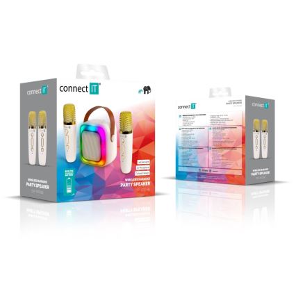 CONNECT IT CSP-1010-BG - Coluna LED RGB com 2 microfones sem fios (2 Mic), 5 W, bateria 1200 mAh + 2x 400 mAh, creme/dourado