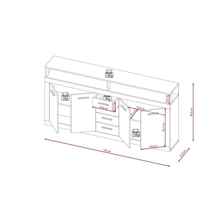 Cómoda RUNA 190x96x32 cm castanho escuro/antracite