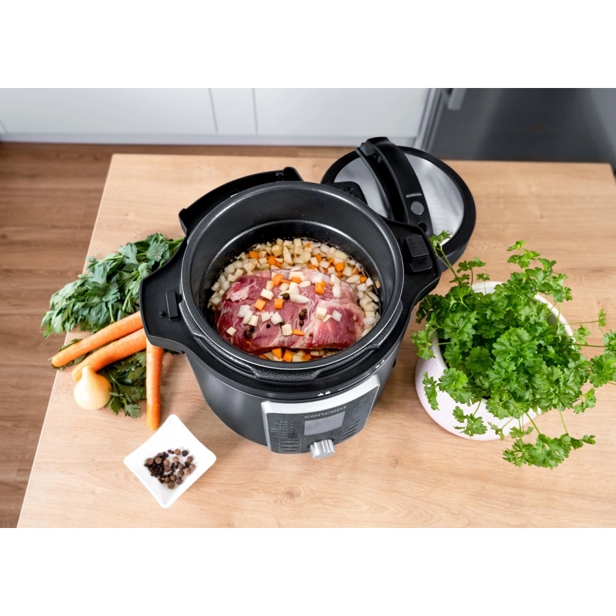 Concept CK8000 - Panela de pressão elétrica multifuncional e fritadeira de ar quente 5,6 l 11 em 1 1500 W/230 V preta