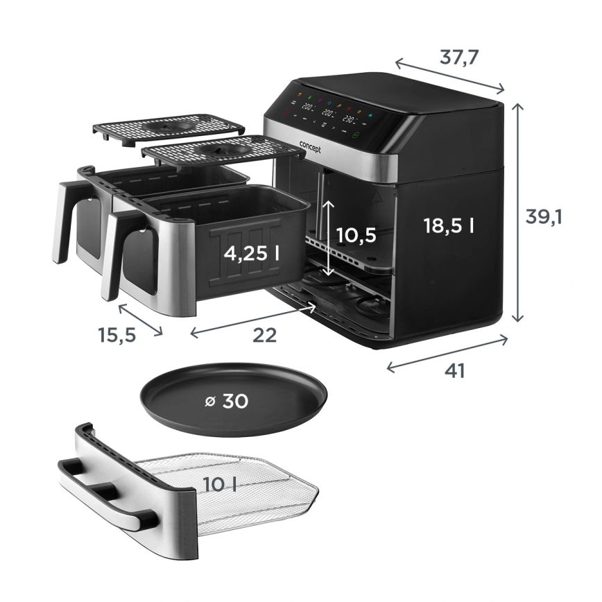 Concept FR9000 - Fritadeira a ar quente PIZZA TRIO 18,5 l 2700W/230V inox/preto