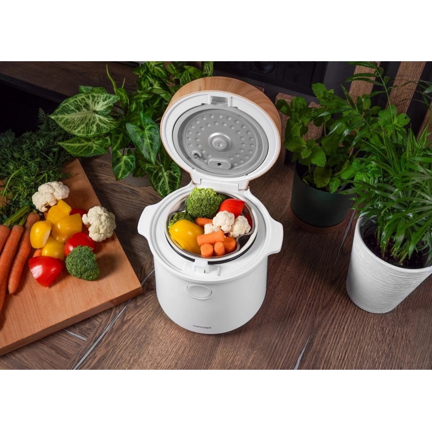 Concept RE3030 - Panela elétrica de arroz digital 2 em 1 380W/230V 1,5 l branca/acabamento em madeira