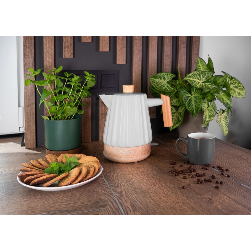 Concept RK0091 - Chaleira elétrica 1,5 l 1500W/230V cinza claro/acabamento em madeira/cerâmica