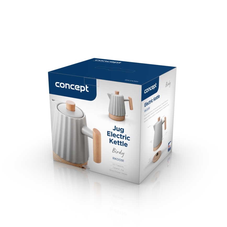 Concept RK0091 - Chaleira elétrica 1,5 l 1500W/230V cinza claro/acabamento em madeira/cerâmica