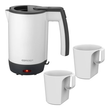 Concept RK7030 - Chaleira elétrica de viagem 0,5 l 1080W/230V cinzenta/branca + 2 chávenas